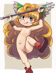  1girl :p blonde_hair blue_eyes blush_stickers boots charlotte_(seiken_densetsu_3) cleft_of_venus cosplay female_focus flat_chest holding holding_polearm holding_weapon loli long_hair nipples nude nude_filter polearm pussy riesz_(cosplay) seiken_densetsu seiken_densetsu_3 smile solo square_enix standing standing_on_one_leg stupa13a third-party_edit tongue tongue_out trident uncensored weapon  rating:Explicit score:54 user:lnccabyss