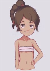  1girl aged_down avatar:_the_last_airbender avatar_legends bandages braid brown_eyes brown_hair collarbone conoghi flat_chest grey_background hand_on_own_hip loli long_hair looking_at_viewer navel nickelodeon sarashi smile standing topless ty_lee 