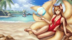  1girl ahri_(league_of_legends) animal_ears breasts cleavage fox_ears highres league_of_legends one-piece_swimsuit swimsuit  rating:Questionable score:13 user:zxmad