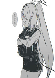  1girl absurdres alternate_costume baton blue_archive bulletproof_vest collared_shirt commentary_request cowboy_shot crossed_arms glaring greyscale hair_over_one_eye halo highres iori_(blue_archive) long_hair long_pointy_ears looking_at_viewer miniskirt monochrome necktie one_eye_covered open_mouth pencil_skirt pointy_ears police police_uniform policewoman red_eyes shirt sidelocks skirt solo speech_bubble spot_color standing tail translation_request twintails uniform very_long_hair w_wakase walkie-talkie 