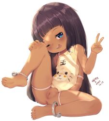1girl ;d absurdres anklet barefoot black_hair blue_eyes blunt_bangs chinese_clothes chinese_commentary cleft_of_venus commentary_request dark-skinned_female dark_skin dated dudou feet female_focus flat_chest full_body highres innerkey_(kgfw5338) jewelry leg_up loli long_hair looking_at_viewer nipple_slip nipples one_eye_closed open_mouth original pussy shade signature simple_background sitting smile soles solo spread_legs teeth toes uncensored upper_teeth_only v white_background rating:Explicit score:471 user:danbooru