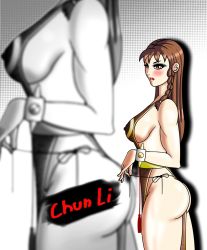  1girl alternate_costume alternate_hairstyle ass bare_legs blush breasts brown_hair capcom chinese_clothes chun-li dress female_focus highres large_breasts legs lipstick looking_at_viewer makeup no_bra street_fighter street_fighter_v thong  rating:Questionable score:6 user:sound_wave