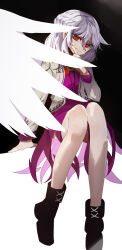 1girl absurdres arm_support bare_legs black_background boots bow braid brooch closed_mouth ears french_braid hair_between_eyes highres ichirugi jewelry kishin_sagume knees legs long_sleeves looking_at_viewer red_bow red_eyes shoes single_wing sitting skirt smile solo touhou white_background white_hair wings 