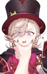  !? 1boy 1other ^^^ absurdres black_capelet black_gloves black_hat blonde_hair blush bow bowtie brown_bow brown_bowtie capelet card cheek_squash commentary facial_mark genshin_impact gloves hair_between_eyes hands_up hat highres holding holding_card ice_s_s_z long_sleeves looking_at_viewer lyney_(genshin_impact) male_focus meme multicolored_hair open_mouth parted_bangs playing_card pov pov_cheek_grabbing_(meme) pov_hands purple_eyes red_bow red_bowtie red_hair shirt short_hair simple_background solo_focus streaked_hair surprised sweatdrop swept_bangs symbol-only_commentary teardrop_facial_mark top_hat two-tone_gloves upper_body v-shaped_eyebrows white_background white_gloves white_shirt wide-eyed 