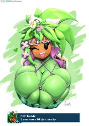  absurdres artist_name blaster_master_zero blaster_master_zero_2 blush breasts cleavage collarbone colored_skin deep_skin english_text eyelashes flower flower_on_head gigantic_breasts glasses gloves green_background green_hair green_skin hair_flower hair_ornament highres jacket kanna_(blaster_master_zero) looking_at_viewer monster_girl no_humans one_eye_closed open_mouth portrait pot shiny_clothes shiny_skin skindentation smile teeth text_box upper_body upper_teeth_only viejillox white_background white_gloves wink  rating:Questionable score:73 user:Bob_Toronja