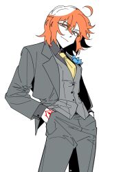  1girl absurdres alternate_costume artist_name black_jacket black_pants black_shirt blue_flower boutonniere closed_mouth collared_shirt command_spell commentary_request cowboy_shot fate/grand_order fate_(series) flower formal fujimaru_ritsuka_(female) grey_vest hair_between_eyes hands_in_pockets highres j_(fgj110101) jacket korean_commentary looking_at_viewer medium_hair necktie open_clothes open_jacket orange_eyes orange_hair pants shirt signature simple_background smile solo suit vest white_background wing_collar yellow_necktie 