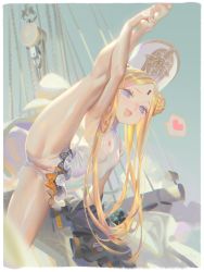  1girl :d abigail_williams_(fate) abigail_williams_(swimsuit_foreigner)_(fate) abigail_williams_(swimsuit_foreigner)_(second_ascension)_(fate) absurdres alphonse_(white_datura) arm_up armpits barefoot blonde_hair blue_eyes blush breasts censored double_bun fang fate/grand_order fate_(series) flexible forehead hair_bun hat heart heart-shaped_pupils highres kneepits leg_lift leg_up loli long_hair looking_at_viewer mitre mosaic_censoring nipples one-piece_swimsuit open_mouth parted_bangs pussy see-through sidelocks small_breasts smile solo split spoken_heart standing standing_on_one_leg standing_split swimsuit symbol-shaped_pupils very_long_hair white_hat white_one-piece_swimsuit  rating:Explicit score:446 user:danbooru