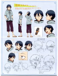 1boy ^^^ absurdres ahoge binding_discoloration blue_background blue_hair blush character_name character_sheet coconut crease dagashi_kashi expressions hatching_(texture) highres linear_hatching lineart male_focus multiple_views official_art sandals scan scan_artifacts shikada_kokonotsu sweatdrop turnaround 