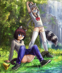  2girls ahoge animal_ears anus arm_support arms_up bell blue_eyes bottomless braid brown_eyes brown_hair cat_ears cat_tail cleft_of_venus clothes_pull commission denim flat_chest forest full_body glasses grass grey_hair grey_hoodie highres hoodie interlocked_fingers jeans knees_up legs_apart loli long_hair looking_at_viewer m_legs mask mouth_mask multiple_girls nature no_panties original outdoors pants pants_pull pee peeing pussy rimless_eyewear robert_knight sailor_collar school_uniform serafuku short_hair sitting skirt skirt_around_one_leg standing stretching tail thighhighs twin_braids uncensored water water_drop waterfall white_thighhighs  rating:Explicit score:104 user:Tsumuji