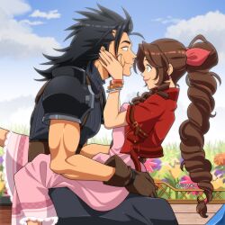  1boy 1girl aerith_gainsborough armor artist_name baggy_pants bangle black_hair blue_eyes blue_sky bracelet braid braided_ponytail breasts brown_gloves brown_hair closed_mouth cloud cloudy_sky commentary couple crisis_core_final_fantasy_vii dress drill_hair drill_sidelocks english_commentary feet_out_of_frame final_fantasy final_fantasy_vii final_fantasy_vii_rebirth final_fantasy_vii_remake flower from_side girl_on_top gloves grass green_eyes hair_ribbon hands_on_another&#039;s_cheeks hands_on_another&#039;s_face highres jacket jewelry long_dress long_hair looking_at_another medium_hair open_clothes open_jacket otagothic outdoors pants pink_dress pink_ribbon profile red_jacket ribbed_sweater ribbon short_sleeves shoulder_armor sidelocks sitting sitting_on_lap sitting_on_person sky sleeveless sleeveless_turtleneck small_breasts smile spiked_hair sweater turtleneck turtleneck_sweater very_long_hair yellow_flower zack_fair 