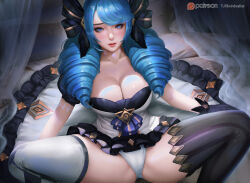 1girl artist_name black_bow black_dress black_thighhighs blue_hair bow breasts cleavage collarbone dress drill_hair frilled_dress frills grey_dress gwen_(league_of_legends) hair_bow large_breasts league_of_legends legs_apart long_hair looking_at_viewer panties puffy_short_sleeves puffy_sleeves shiny_skin short_sleeves smile solo striped_clothes striped_thighhighs thighhighs turewindwalker twin_drills twintails underwear white_panties white_thighhighs rating:Sensitive score:38 user:danbooru