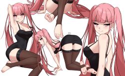  1girl absurdres all_fours arm_up armpits artist_name black_dress black_panties blunt_bangs blush breasts brown_thighhighs cleavage closed_mouth collarbone commentary dorsiflexion dress eyelashes feet fire_emblem fire_emblem:_three_houses foot_out_of_frame from_behind full_body highres hilda_valentine_goneril large_breasts legs long_hair looking_at_viewer looking_back nintendo no_shoes panties pink_eyes pink_hair short_dress sidelocks simple_background skindentation smile soles stirrup_legwear thighhighs thighs toeless_legwear toenails toes twintails underwear very_long_hair white_background x_xith_x 