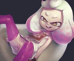  1girl :d bottomless conoghi crown domino_mask dress loli lying mask mole mole_under_mouth nintendo no_panties on_back open_mouth pearl_(splatoon) pussy smile solo splatoon_(series) splatoon_2 spread_legs tentacle_hair thighhighs third-party_edit uncensored white_hair yellow_eyes zipper  rating:Explicit score:149 user:genkouhande3