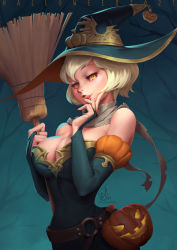  1girl black_light blonde_hair breasts bridal_gauntlets broom cleavage detached_collar dress elbow_gloves from_side gloves halloween hat highres jack-o&#039;-lantern licking_lips lips looking_at_viewer medium_breasts mole mole_under_mouth original short_hair solo strapless strapless_dress tongue tongue_out witch witch_hat yellow_eyes 