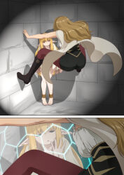  2girls ankleband ass barefoot blonde_hair boots breasts brown_hair cape cicada_block_(meme) comic corner domination elf energy_barrier energy_shield hair_between_eyes hand_up highres kabedon kaname_aomame knee_boots large_breasts light_brown_hair long_hair meme methode_(sousou_no_frieren) multiple_girls pants pointy_ears serie_(sousou_no_frieren) shirt sidelocks sleeveless sleeveless_shirt sousou_no_frieren very_long_hair 