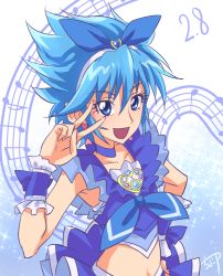  10s 1girl :d alternate_color beamed_quavers blue_bow blue_eyes blue_hair blue_theme bow brooch chocokin choker cosplay crop_top cure_beat_(fake) cure_melody cure_melody_(cosplay) frills hair_bow hairband hand_on_own_hip jewelry looking_at_viewer magical_girl matching_hair/eyes midriff musical_note nishijima_waon nishio_uta open_mouth precure quaver short_hair signature smile solo spiked_hair staff_(music) suite_precure v wrist_cuffs 