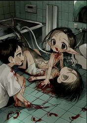  1boy 2girls arm_support artist_name barefoot bathroom bathtub between_legs black_eyes black_hair black_shorts blood blood_on_clothes blood_on_face blood_on_ground blood_on_hands bloody_footprints bloody_knife cannibalism commentary death flat_chest footprints full_body grey_eyes highres holding holding_knife hose indoors ishida_umi knees_up knife loli long_hair looking_at_another looking_to_the_side lying lying_on_person mermaid mirror monster_girl multiple_girls nude on_back on_stomach open_mouth original pointy_ears puffy_short_sleeves puffy_sleeves shirt short_hair short_sleeves shorts sleeveless sleeveless_shirt spaghetti_strap squatting t-shirt tile_floor tile_wall tiles very_short_hair watermark wet white_shirt  rating:Questionable score:17 user:danbooru