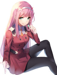  10s 1girl absurdres black_pantyhose breasts candy commentary cropped_legs darling_in_the_franxx dress food green_eyes hairband hand_up highres holding holding_candy holding_food holding_lollipop horns invisible_chair lollipop long_hair medium_breasts military military_uniform oni_horns orange_neckwear pantyhose pink_hair red_dress red_horns simple_background sitting smile solo tongue tongue_out uniform white_background white_hairband yanggang zero_two_(darling_in_the_franxx) 