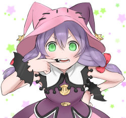  1girl aqua_eyes fang finger_in_own_mouth hair_between_eyes hair_ribbon hand_on_own_hip hand_up hat highres jester_cap long_hair looking_at_viewer low_twintails pico_(rune_factory) puchiman purple_hair red_ribbon ribbon rune_factory rune_factory_4 solo star_(symbol) starry_background teeth twintails v-shaped_eyebrows white_background  rating:General score:5 user:danbooru