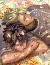  2boys achilles_(fate) ao_(en6gtl) black_hair bug butterfly character_request closed_mouth fate/grand_order fate_(series) field flower flower_field green_hair grey_armor hair_between_eyes hair_up highres insect light_smile male_focus multiple_boys on_grass outdoors sleeping sleeping_on_person sweater white_butterfly white_sweater yaoi 