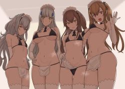 404_(girls&#039;_frontline) 4girls apron apron_lift arms_behind_back bikini black_bikini blunt_bangs blush breasts brown_eyes brown_hair closed_mouth clothes_lift collarbone detached_collar elbow_gloves facial_mark g11_(girls&#039;_frontline) girls&#039;_frontline gloves green_eyes groin hair_between_eyes hair_ornament hairclip hand_on_own_hip head_tilt hk416_(girls&#039;_frontline) large_breasts long_hair looking_at_viewer maid maid_bikini maid_headdress medium_breasts miyamoto_issa multiple_girls navel one_side_up open_mouth red_eyes ribbon ribs scar scar_across_eye scar_on_face silver_hair small_breasts smile stomach swimsuit teardrop thighhighs twintails ump45_(girls&#039;_frontline) ump9_(girls&#039;_frontline) unconventional_maid very_long_hair white_gloves white_legwear yellow_eyes rating:Questionable score:330 user:danbooru