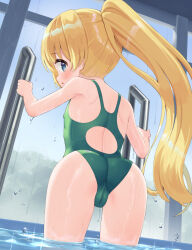  1girl ass blonde_hair blue_eyes blush breasts cameltoe cleft_of_venus competition_swimsuit covered_erect_nipples female_focus from_behind green_one-piece_swimsuit highres indoors ladder leaning_forward loli long_hair looking_at_viewer looking_back makigai one-piece_swimsuit original ponytail pool poolside small_breasts solo swimsuit thighs wading wet wet_clothes wet_swimsuit window yuria_(makigai)  rating:Questionable score:114 user:danbooru