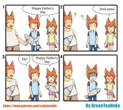  1girl 2boys 4koma ? ^_^ absurdres animal_ears arrow_(symbol) bad_id bad_pixiv_id blush brother_and_sister closed_eyes comic english_text closed_eyes facial_hair father&#039;s_day father_and_daughter father_and_son fish greenteaneko highres incest multiple_boys multiple_girls mustache o_o original pregnant shaded_face short_hair short_twintails siblings square_4koma surprised tail twintails watermark web_address wide-eyed |_|  rating:Sensitive score:78 user:danbooru
