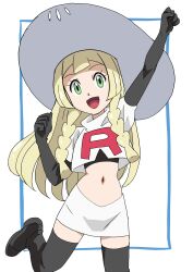  1girl :d absurdres arm_up black_footwear black_gloves black_shirt blonde_hair boots braid clenched_hand commentary_request cosplay creatures_(company) cropped_jacket elbow_gloves eyelashes game_freak gloves green_eyes hainchu hand_up happy hat highres jessie_(pokemon) jessie_(pokemon)_(cosplay) lillie_(pokemon) logo long_hair navel nintendo open_mouth pokemon pokemon_(anime) pokemon_sm_(anime) shirt skirt smile solo sun_hat team_rocket team_rocket_uniform thigh_boots tongue twin_braids white_background white_skirt 