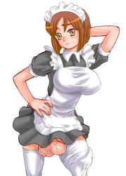  1futa breasts brown_eyes brown_hair futanari large_breasts large_penis maid maid_(maruchiro) maruchiro penis penis_in_thighhigh penis_peek short_hair simple_background solo standing testicles thighhighs veins veiny_penis veiny_testicles white_background  rating:Explicit score:44 user:Zeldalurver81