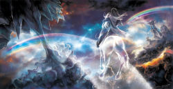  character_request fantasy from_behind highres horse horseback_riding rainbow riding scenery signature wi-z_garage 