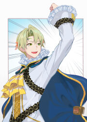  1boy alfred_(fire_emblem) arm_up ascot blonde_hair cape circlet fire_emblem fire_emblem_engage frilled_sleeves frills green_eyes hair_ornament highres long_sleeves looking_to_the_side mikami nintendo short_hair smile solo yellow_ascot 