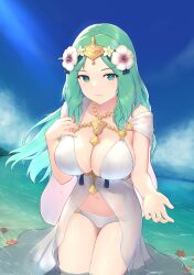  artist_request bikini blue_sky breasts cleavage closed_eyes closed_mouth cloud collarbone female_focus fire_emblem fire_emblem:_three_houses fire_emblem_heroes green_eyes green_hair hair_ornament highres jewelry large_breasts long_hair looking_at_viewer matching_hair/eyes navel necklace nintendo ocean official_alternate_costume partially_submerged rhea_(fire_emblem) rhea_(summer)_(fire_emblem) sky smile solo swimsuit thighs wet white_bikini 