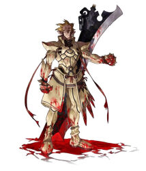  1boy armor blonde_hair blood blood_on_hands blood_splatter bloody_weapon closed_mouth earrings emellious_(grandia) expressionless full_armor full_body grandia grandia_iii jewelry looking_at_viewer male_focus official_art pointy_ears simple_background single_earring solo spiked_hair standing sword weapon white_armor white_background yoshinari_you 