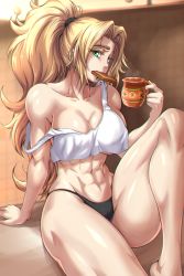  1girl abs alternate_costume black_panties black_scrunchie blonde_hair breasts chin_piercing commission cup fate/grand_order fate_(series) food_in_mouth green_eyes green_nails hair_ornament hair_scrunchie highres holding holding_cup large_breasts long_hair mug muscular muscular_female nail_polish navel panties ponytail quetzalcoatl_(fate) scrunchie sitting solo tank_top underwear white_tank_top zantyarz  rating:Sensitive score:117 user:danbooru