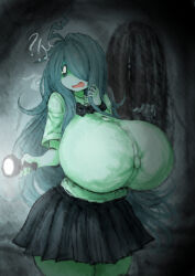  1girl 2b-ge breasts female_focus flashlight gigantic_breasts hair_over_one_eye holding holding_flashlight long_hair mei_(2b-ge) miniskirt monster original scared school_uniform shirt skirt solo taut_clothes taut_shirt thick_thighs thighs 