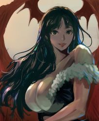  1girl bare_arms bare_shoulders breasts capcom cleavage clothing_cutout cutout demon_girl facing_viewer green_hair head head_wings heart huge_breasts large_breasts long_hair looking_at_viewer meke_(77842928) morrigan_aensland no_bra parted_lips solo upper_body vampire_(game) wings  rating:Sensitive score:20 user:congealeddgtllvr
