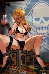  1girl alcohol arm_support arm_tattoo artist_request bikini black_bikini blonde_hair blue_eyes blush breasts cleavage come_hither cup drinking_glass fatal_fury feet fingerless_gloves garou:_mark_of_the_wolves gloves gold high_heels highres jenet_behrn jewelry large_breasts legs licking_lips long_hair looking_at_viewer makeup money naughty_face navel red_lips seductive_smile sexually_suggestive sitting smile snk spread_legs suggestive_fluid swimsuit tattoo the_king_of_fighters thighs tongue tongue_out treasure_chest underboob wine_glass 
