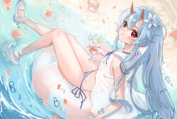 1girl :o absurdres beach bikini blue_archive blue_bikini blue_hair blush chise_(blue_archive) chise_(swimsuit)_(blue_archive) commentary_request crab crazy_straw drinking_straw feet flower food from_side fruit hair_flower hair_ornament halo heart_straw highres horns innertube knees_together_feet_apart legs lemon lemon_slice long_hair looking_at_viewer ocean on_innertube oni_horns petals petals_on_liquid picdung red_eyes sailor_collar sand sandals see-through see-through_shirt shirt side-tie_bikini_bottom side_ponytail solo starfish striped_bikini striped_clothes swim_ring swimsuit toes tropical_drink very_long_hair water wet white_bikini white_footwear white_sailor_collar white_shirt rating:Sensitive score:14 user:danbooru