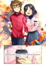  1boy 1girl :d ^_^ autumn_leaves black_hair black_pants black_skirt blush brown_eyes brown_hair center_frills closed_eyes coffee_cup collared_shirt commentary_request commission cup day disposable_cup dress_shirt english_text frilled_skirt frilled_sleeves frills holding holding_cup kou_hiyoyo leaf locked_arms long_sleeves maple_leaf open_mouth original pants puffy_long_sleeves puffy_sleeves red_shirt shirt skeb_commission skirt sleeves_past_wrists smile 