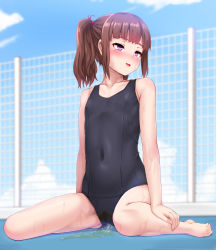 1girl absurdres blush brown_hair cameltoe casual_peeing cleft_of_venus flat_chest happy_peeing highres john_doe_shinobu open_mouth original outdoors peeing peeing_self poolside public_indecency puddle purple_eyes purposeful_wetting school_swimsuit smile solo swimsuit wet rating:Questionable score:204 user:akarin_akari
