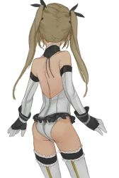 1girl ass black_ribbon blonde_hair dead_or_alive feason female_focus from_behind gloves hair_ornament hair_ribbon leotard loli marie_rose ribbon simple_background solo standing tecmo thighhighs twintails upper_body rating:Questionable score:138 user:Plumpjussy