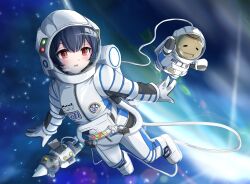  1girl absurdres astronaut black_hair blurry blurry_background character_name commission full_body gloves helmet highres howaso idolmaster idolmaster_shiny_colors morino_rinze outdoors pixiv_commission planet red_eyes solo space space_helmet spacecraft spacesuit white_gloves zipper 
