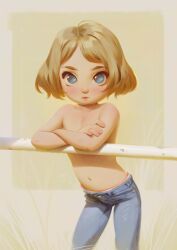  1girl alkemanubis blonde_hair blue_eyes blue_pants blush collarbone commentary crossed_arms denim english_commentary female_focus flat_chest grass highres jeans lips loli looking_at_viewer navel original panties pants pantyslip short_hair solo standing topless underwear  rating:Questionable score:146 user:danbooru