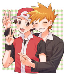  2boys :d blue_oak blush closed_eyes collared_shirt commentary_request creatures_(company) game_freak grin happy hat highres holding_hands jacket long_sleeves male_focus mochi_(mocchi_p_2m) multiple_boys nintendo open_mouth plaid plaid_background pokemon pokemon_hgss red_(pokemon) red_hat red_vest shirt short_hair short_sleeves smile spiked_hair teeth upper_body upper_teeth_only v vest wristband 