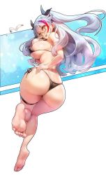 1girl :d ass azur_lane bare_arms bare_shoulders barefoot bikini bird black_bikini blurry blush breasts curvy depth_of_field dimples_of_venus feet finger_to_mouth foreshortening full_body hair_between_eyes hand_on_own_ass highres huge_ass huge_breasts jpeg_artifacts legs long_hair looking_back muloli multicolored_hair open_mouth prinz_eugen_(azur_lane) prinz_eugen_(unfading_smile)_(azur_lane) side-tie_bikini_bottom sideboob silver_hair smile soles solo streaked_hair sweat swimsuit thick_thighs thigh_strap thighs toes twisted_torso two_side_up yellow_eyes rating:Sensitive score:82 user:danbooru