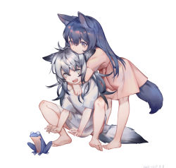  2girls aged_down ahoge ami_(34849422) animal animal_ears arknights arms_around_neck artist_name bare_legs barefoot black_hair child chinese_commentary dated frog grey_eyes grey_hair highres hug hug_from_behind lappland_(arknights) long_hair multiple_girls outstretched_arms pink_shirt scar scar_across_eye scar_on_face shirt simple_background tail texas_(arknights) white_background white_shirt wolf_ears wolf_tail yuri  rating:Sensitive score:33 user:danbooru
