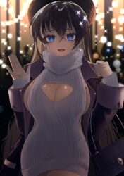  1girl :d absurdres alisame alternate_costume black_hair black_nails blonde_hair blue_eyes breasts cleavage cleavage_cutout clothing_cutout colored_inner_hair dark-skinned_female dark_skin earrings goddess_of_victory:_nikke grey_sweater hair_ornament hat highres jacket jewelry large_breasts light_blush meme_attire mole mole_on_breast multicolored_hair nail_polish noise_(nikke) open_mouth ribbed_sweater smile solo sweater turtleneck turtleneck_sweater waving  rating:Sensitive score:6 user:Leksa