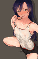 1girl absurdres bad_id bad_pixiv_id bare_shoulders blue_hair blush breasts brown_eyes covered_erect_nipples highres hplay idolmaster idolmaster_(classic) kisaragi_chihaya long_hair looking_at_viewer no_bra open_mouth saliva see-through shadow shorts simple_background small_breasts solo squatting sweat tank_top wet wet_hair rating:Questionable score:101 user:danbooru