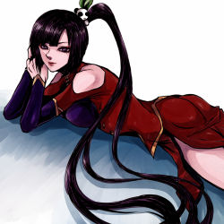  1girl arc_system_works black_eyes black_hair blazblue blazblue:_calamity_trigger breasts china_dress chinese_clothes dress female_focus gradient_background highres lao_jiu litchi_faye_ling long_hair lying msmt1118 panda ponytail solo very_long_hair white_background 