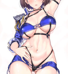  1girl arm_up armpits azur_lane baltimore_(azur_lane) baltimore_(finish_line_flagbearer)_(azur_lane) black_panties blush breasts brown_hair cleavage gluteal_fold halcon highleg highleg_panties large_breasts midriff navel on_bed open_mouth panties race_queen short_hair solo stomach thighs thong underwear wide_hips  rating:Questionable score:34 user:buster2222